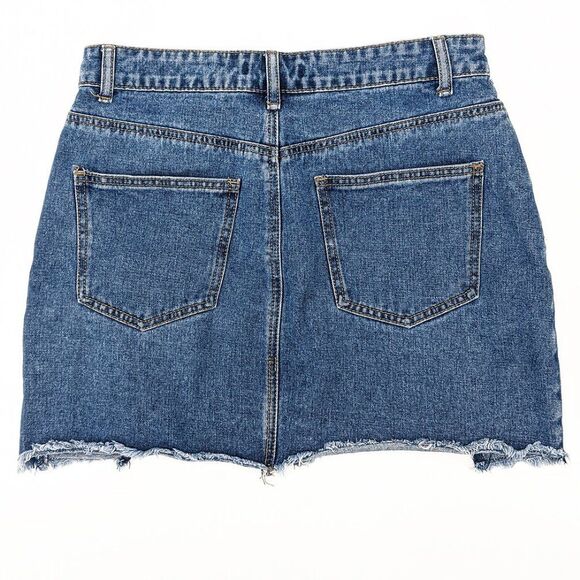 Forever 21 Women's Fringe Hem Blue Denim Jean Mini Skirt Size Large - Picture 4 of 5
